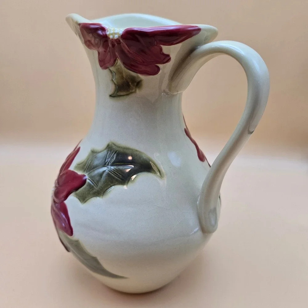 Christmas Poinsettia Ceramic Pitcher Red Green‎ Holiday Floral Serving Vase 8.5